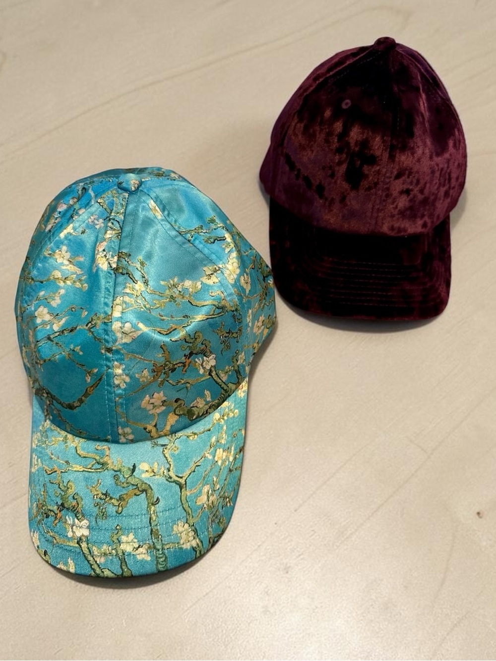 A Pair of Van’s Woman’s Baseball Caps - Velvety Burgundy and Satin-Like Teal